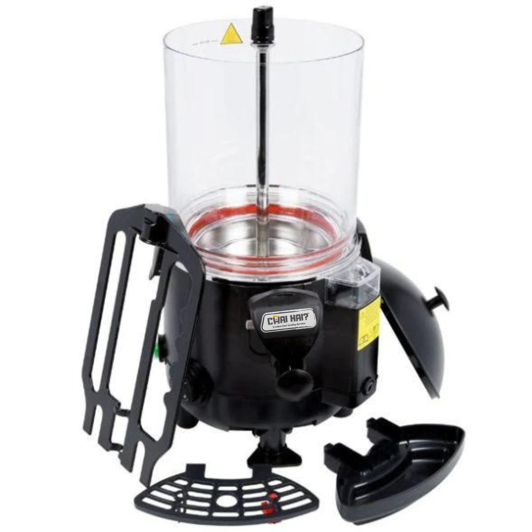 Fully assembled NSF-certified hot beverage dispenser with detachable components for easy cleaning. Includes a clear tank, heating element, and dispensing lever, designed for efficient preparation and serving in commercial environments.