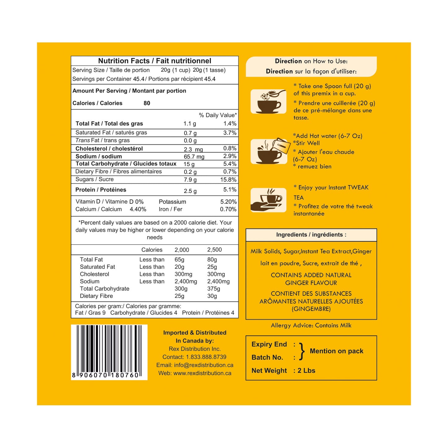 nutritional table facts by chai hai for ginger tea latte