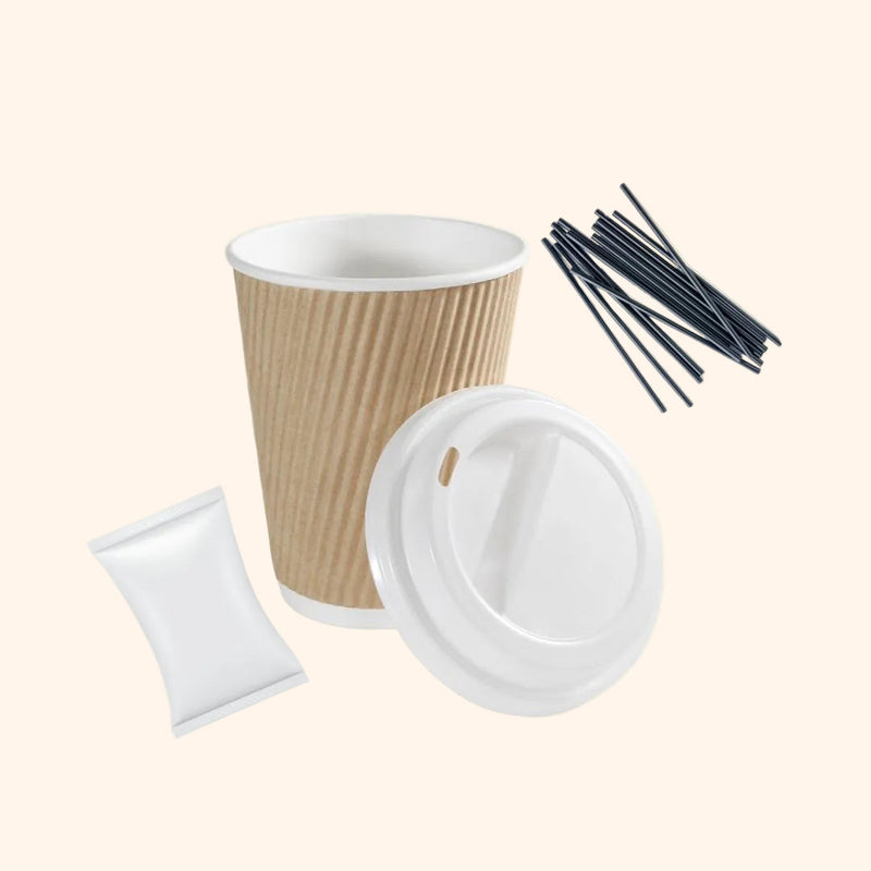 Disposable Chai Cups – Eco-friendly ripple paper cup with a secure lid, stirrers, and a single-serve chai powder sachet for a convenient chai experience from Chai Hai
