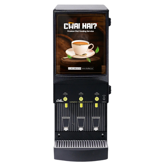 Chai Hai premium chai vending machine with a sleek black design, UL and NSF certified for safety and hygiene. Features multiple dispensing options, ideal for restaurants, cafes, and offices to serve quick and authentic chai. Front display highlights a steaming cup of chai with green leaves, ensuring freshness and quality.