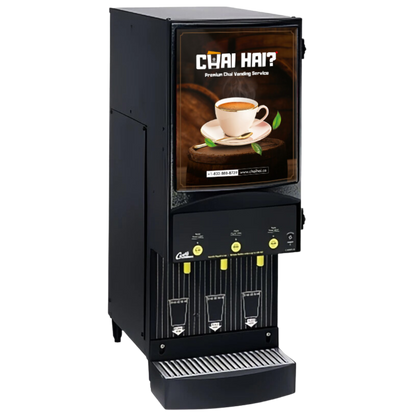 Side view of the Chai Hai premium chai vending machine, UL and NSF certified, ensuring compliance with safety and hygiene standards. Designed for restaurants and cafes with a black compact finish and multiple dispensing outlets, offering efficient chai preparation for high-demand environments.