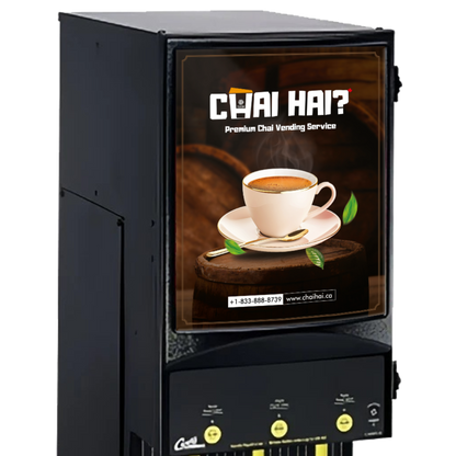 Close-up of Chai Hai premium chai vending machine, UL and NSF certified for reliable safety and cleanliness. Vibrant front display showcases a steaming cup of chai with green leaves, perfect for restaurants aiming to deliver quick and flavorful chai in a professional setting.