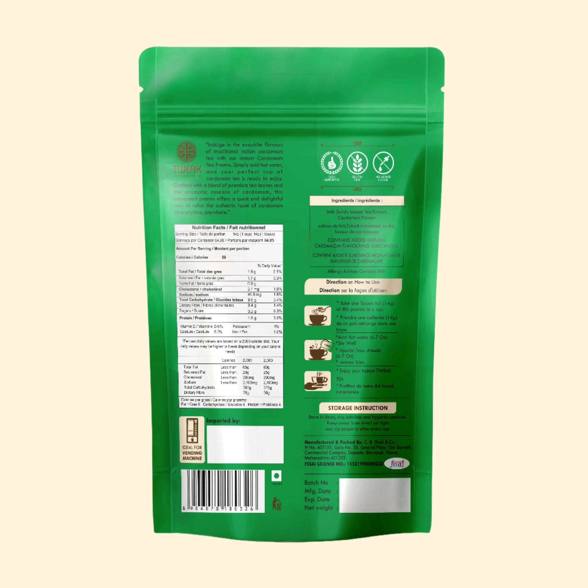 Back side of Tweak Instant Chai Premix Cardamom Chai packaging with nutrition facts, ingredients list, brewing instructions, and storage directions for a fragrant cardamom tea experience.