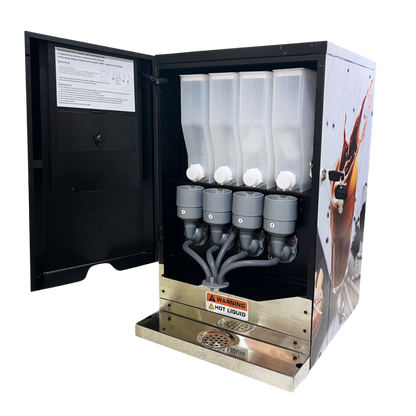Interior view of the Chai Hai chai vending machine showcasing multi-flavor premix containers and dispensing system for easy chai preparation. Try this chai machine today.