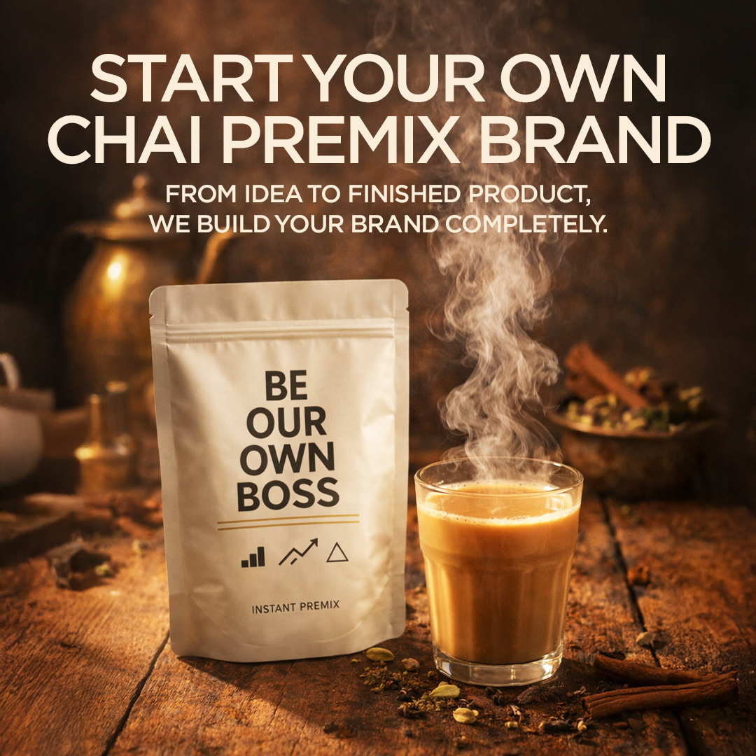 Chai premix package with a glass of chai on a wooden surface, promotional text overlay.