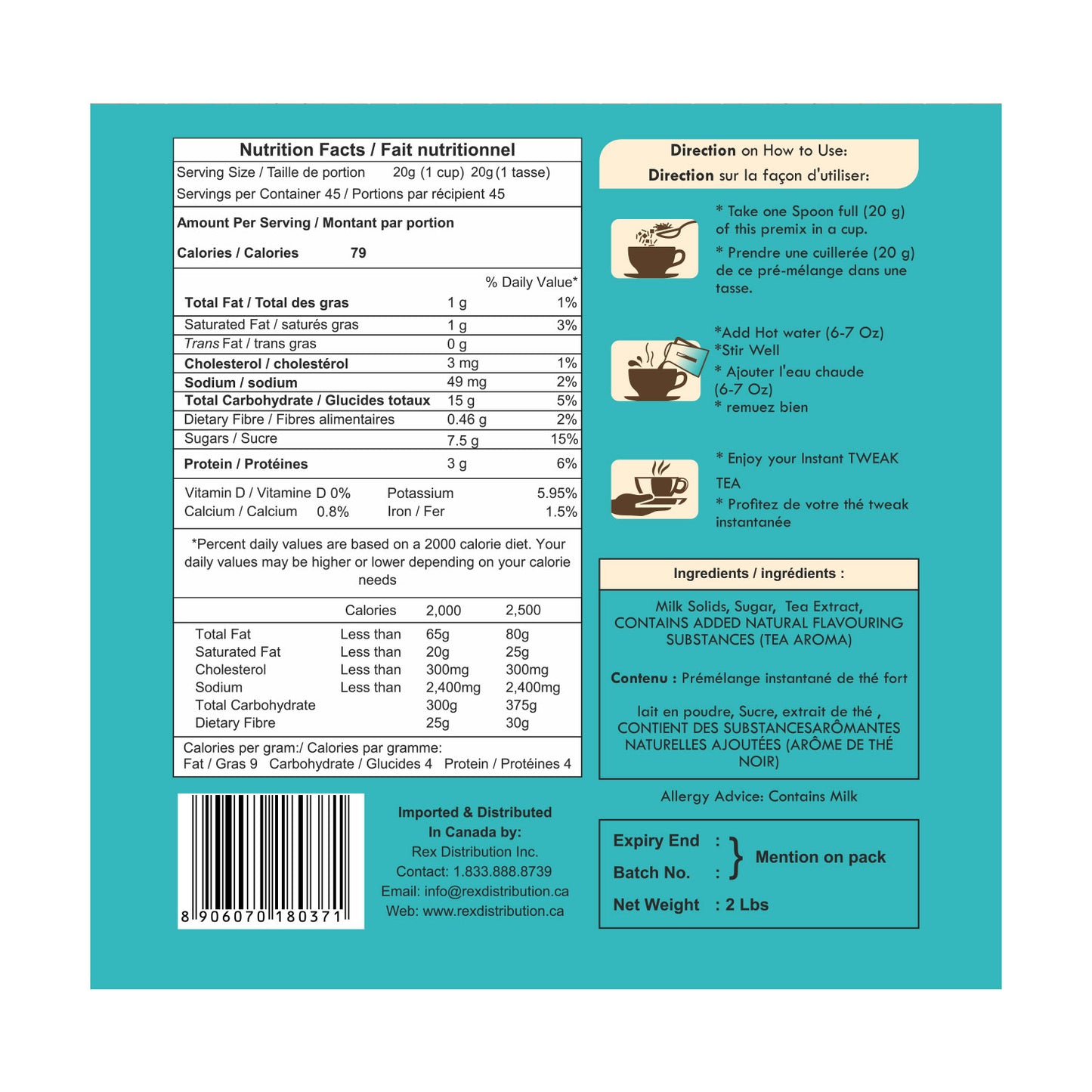 Nutritional table of Karak Chai from Chai Hai
