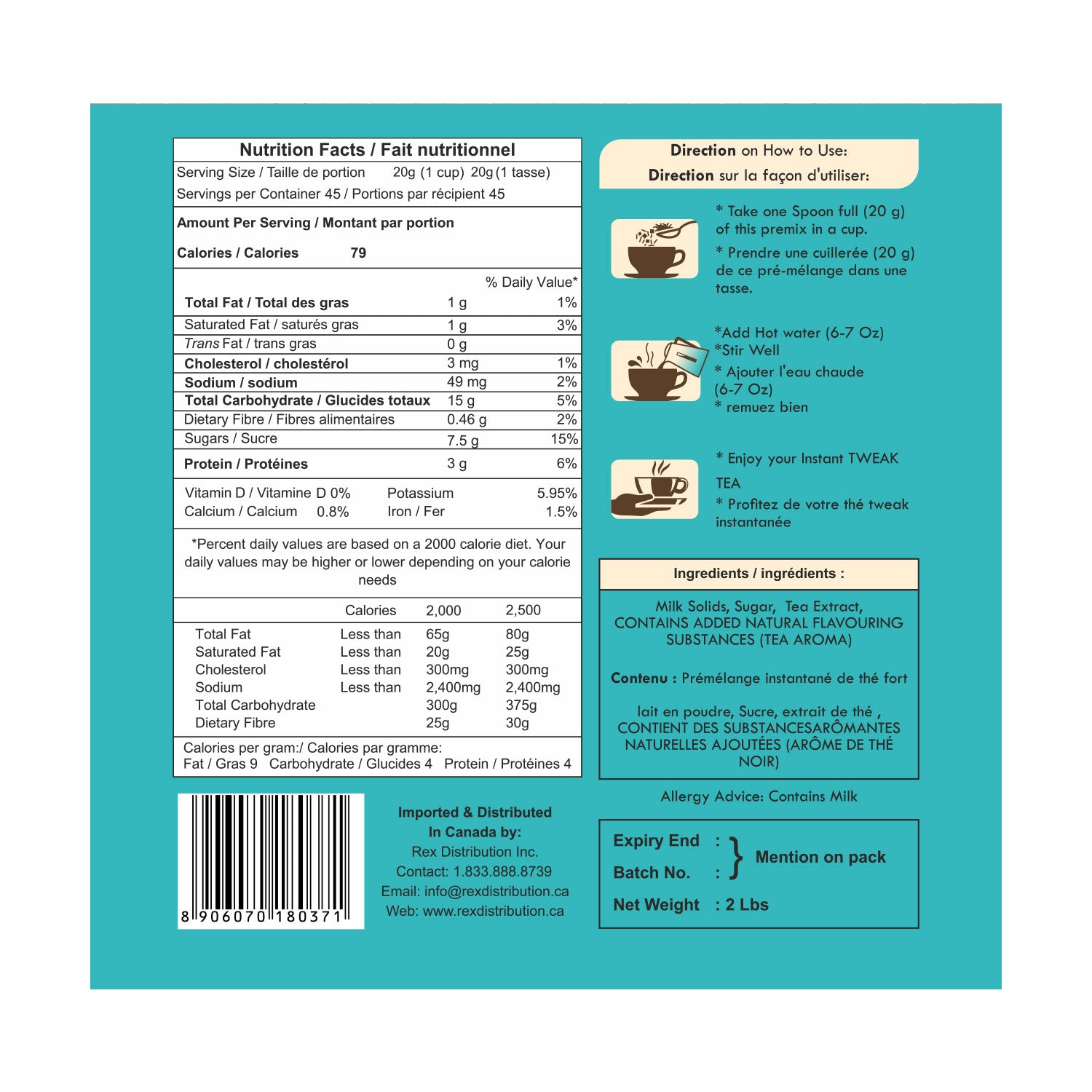 Nutritional table of Karak Chai from Chai Hai