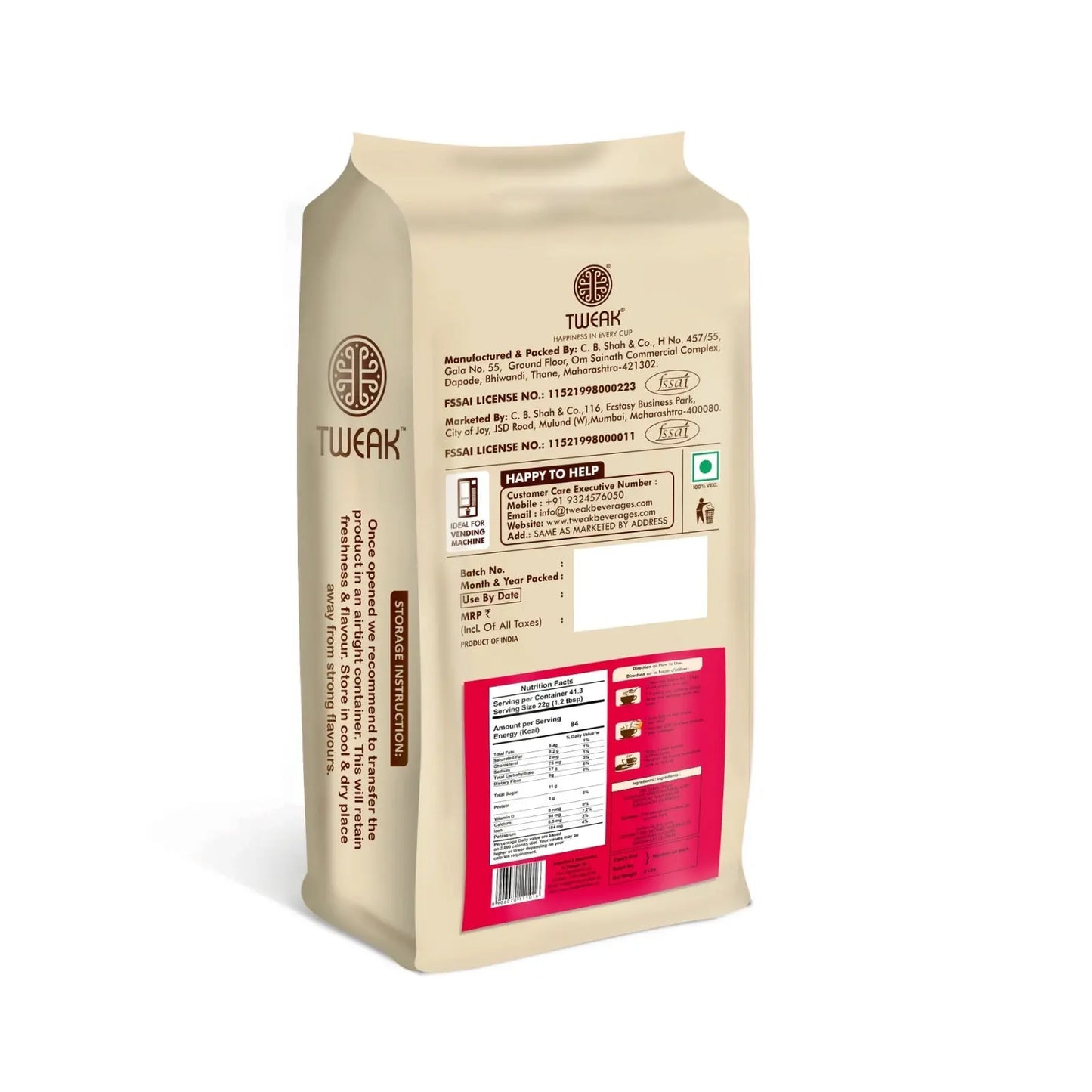Back view of Tweak Saffron Latte Mix Powder showcasing detailed nutritional facts, storage instructions, and customer care information for the instant saffron latte premix.