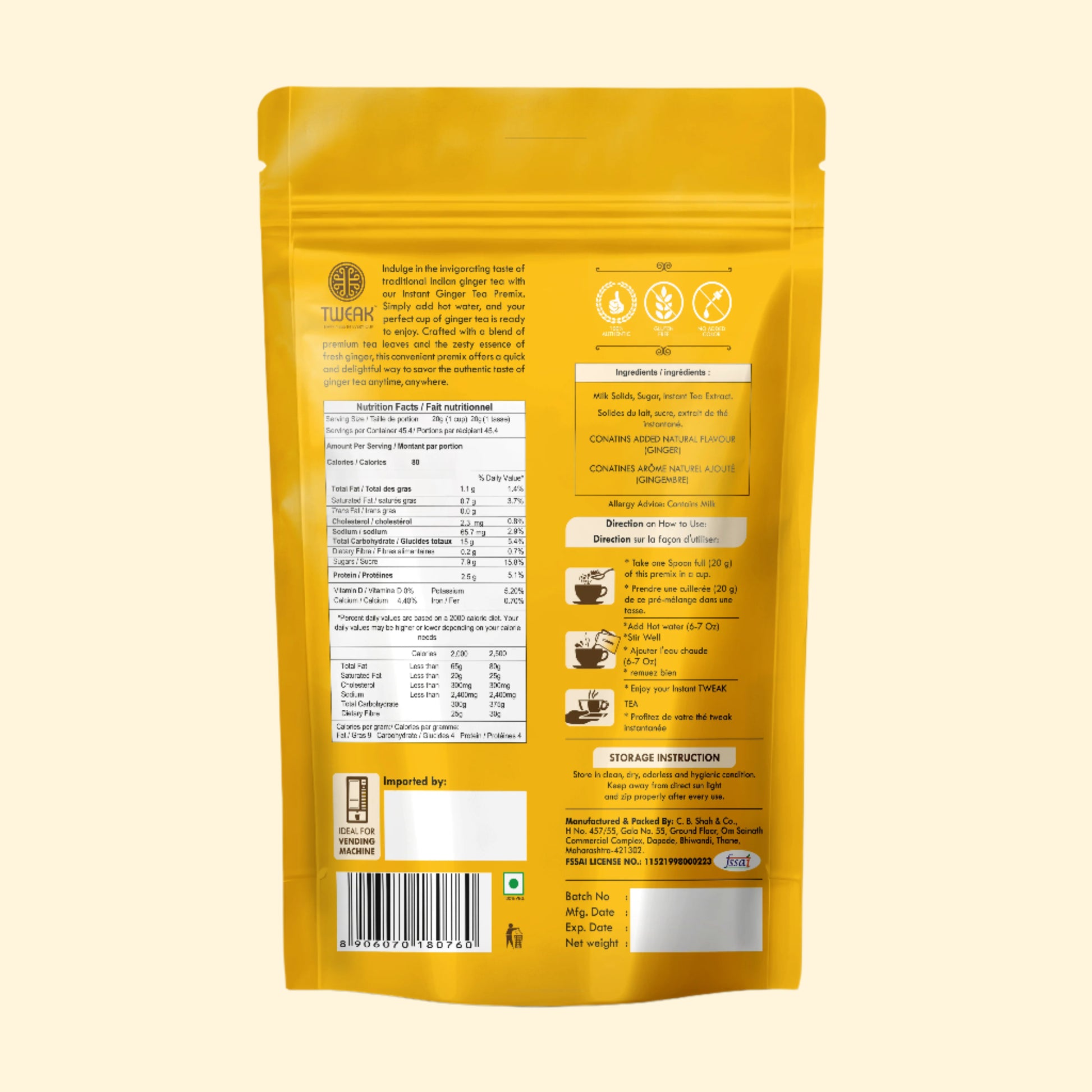 Back side of Tweak Instant Chai Premix Ginger Tea packaging including nutritional information, ingredients, preparation instructions, and storage guidance for an invigorating ginger chai.