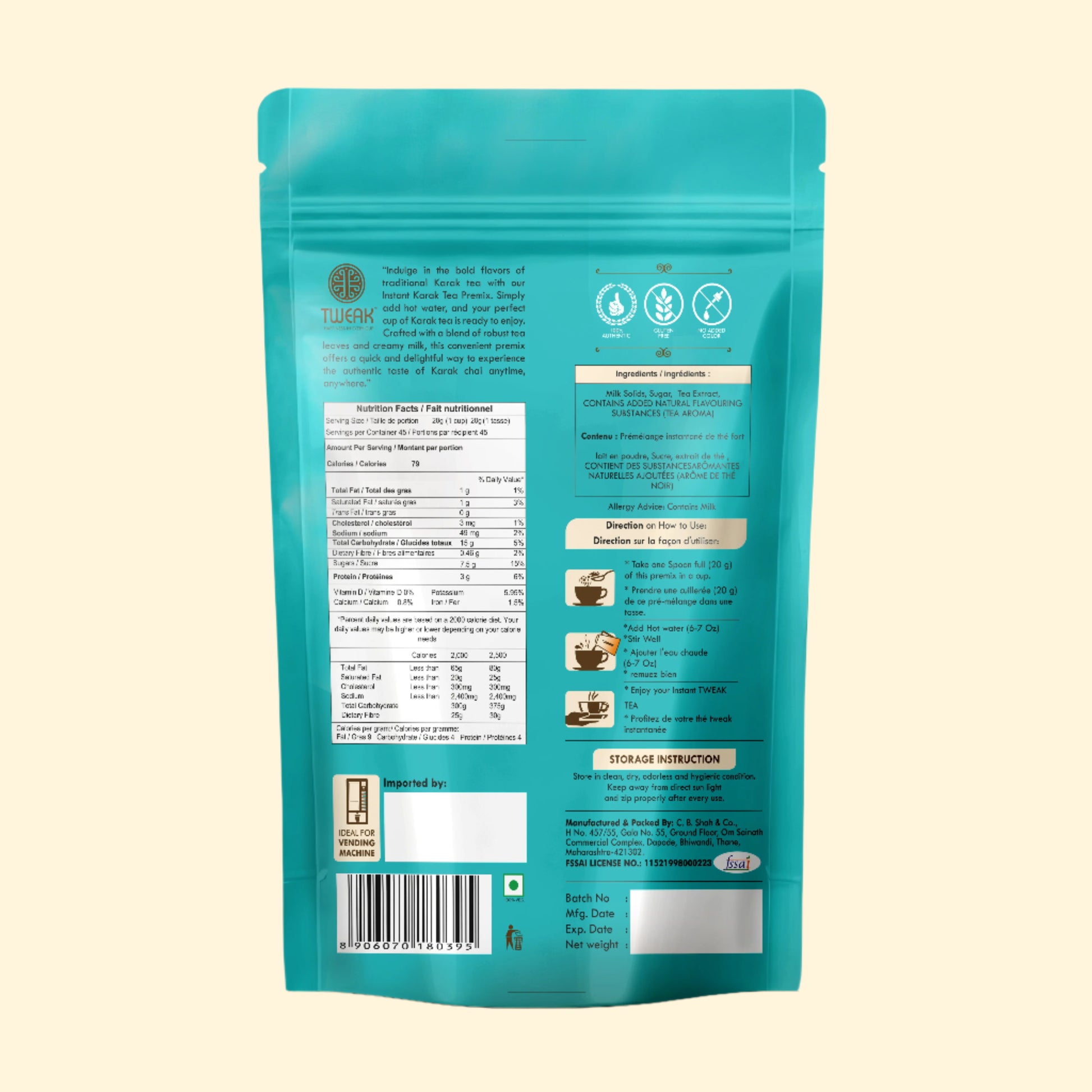 Back side of Tweak Instant Tea Beverage Premix Classic Chai packaging showing nutrition facts, ingredients, detailed preparation directions, and storage instructions for authentic chai flavor.