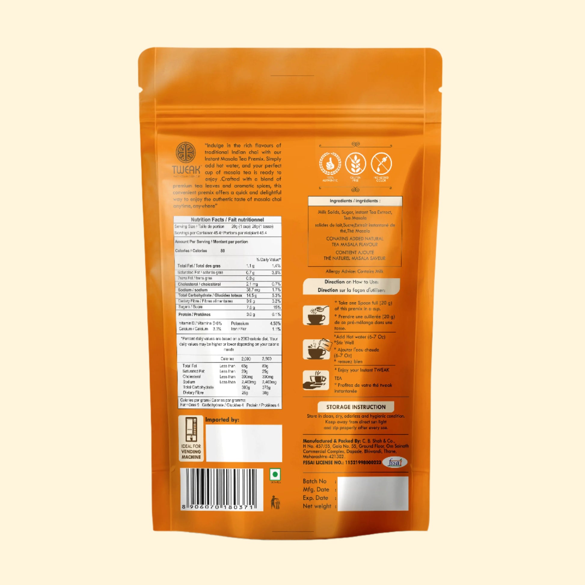 Back side of Tweak Instant Masala Chai Premix Masala Tea packaging showing ingredients, nutrition facts, directions for use, and storage instructions for Masala Chai lovers.