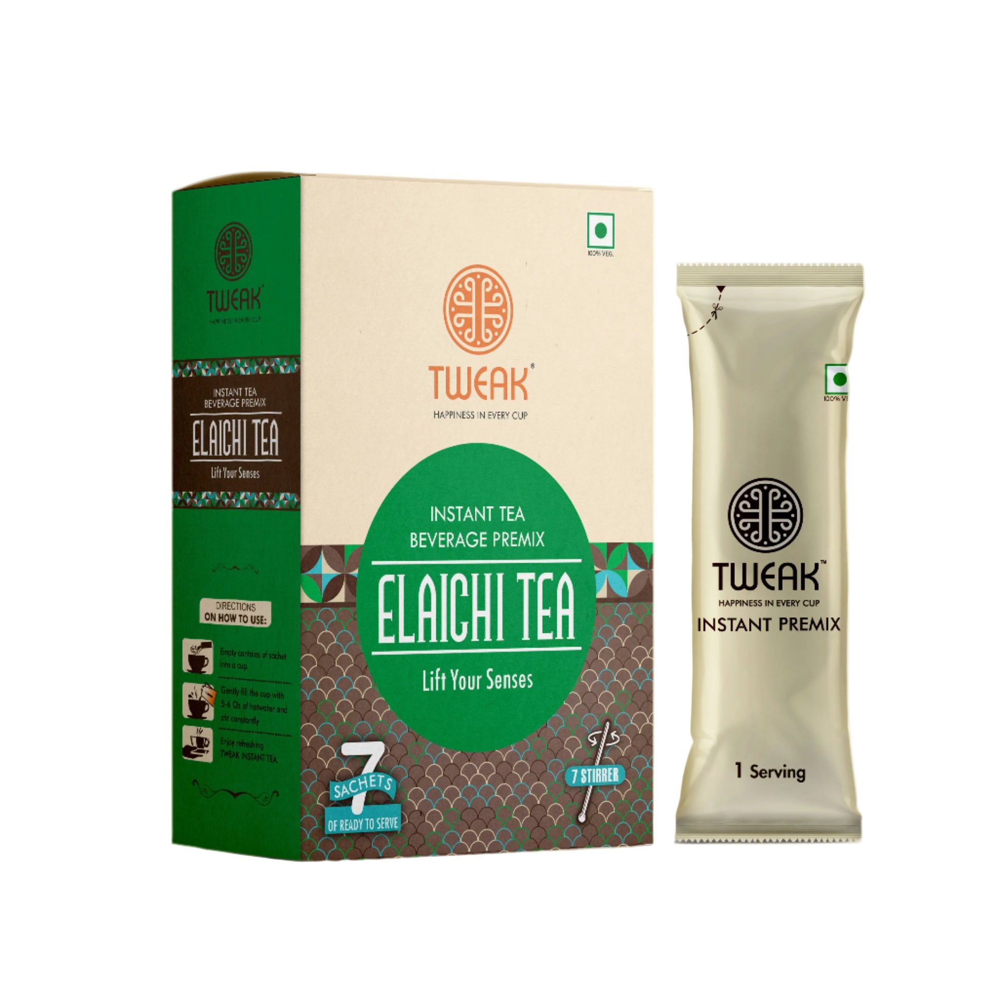 Packaging of Tweak Elaichi Tea Instant Sachet Pack showing a box and a sachet with product information and branding.