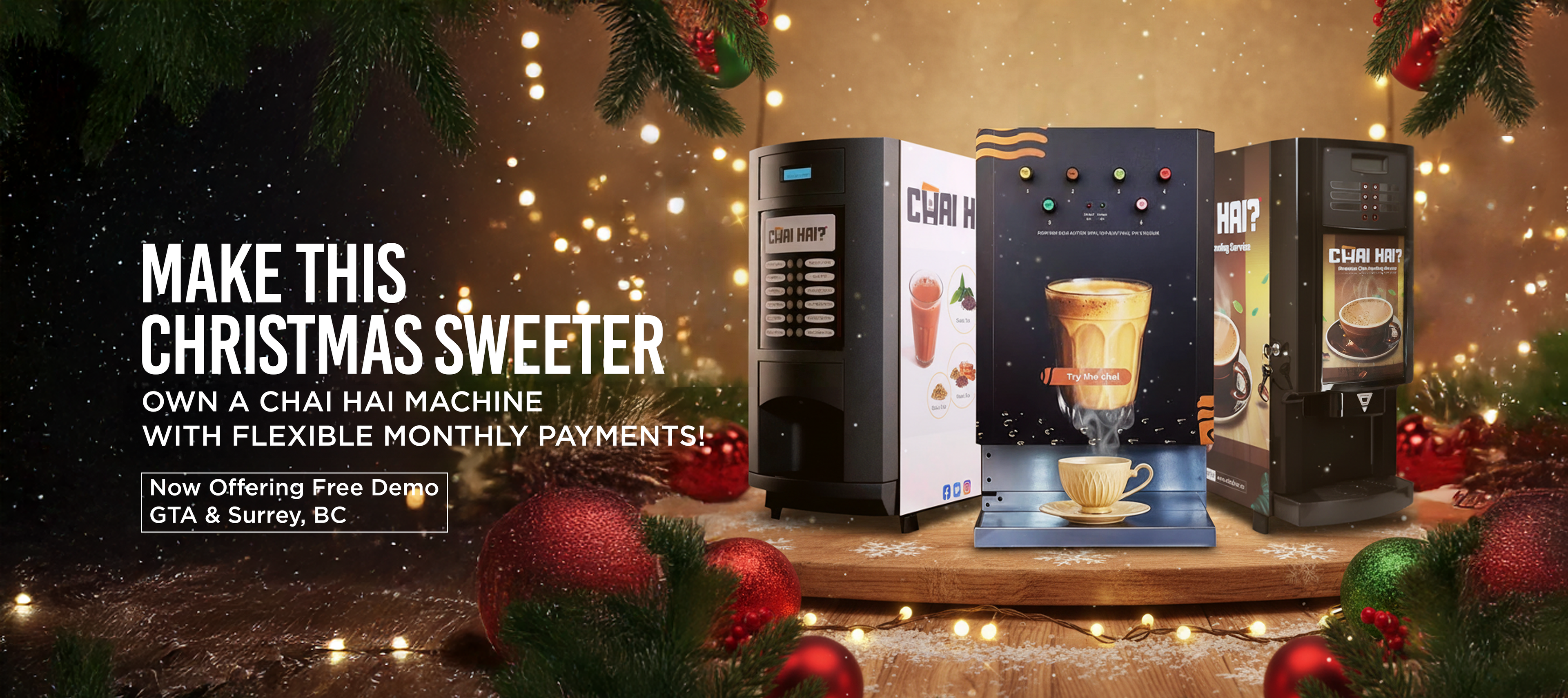 Chai Hai coffee machine with festive decorations and promotional text on a wooden table.