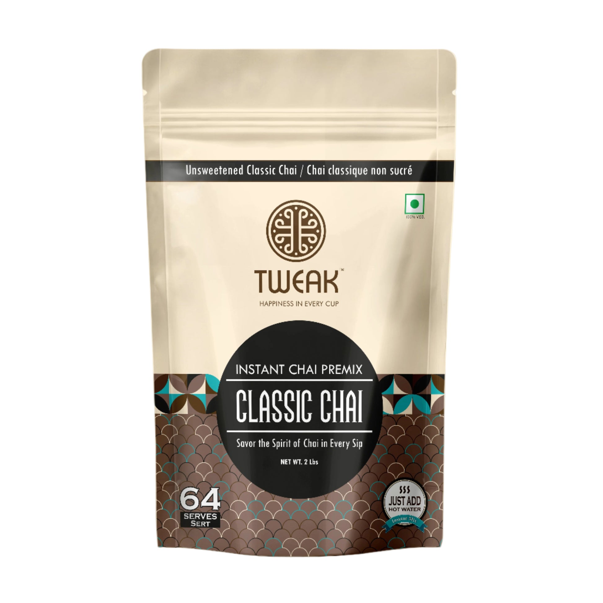 A packaged product labeled 'TUWEAK Instant Chai Premix Classic Chai' in a sealed bag with branding and product information.