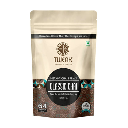 A packaged product labeled 'TUWEAK Instant Chai Premix Classic Chai' in a sealed bag with branding and product information.