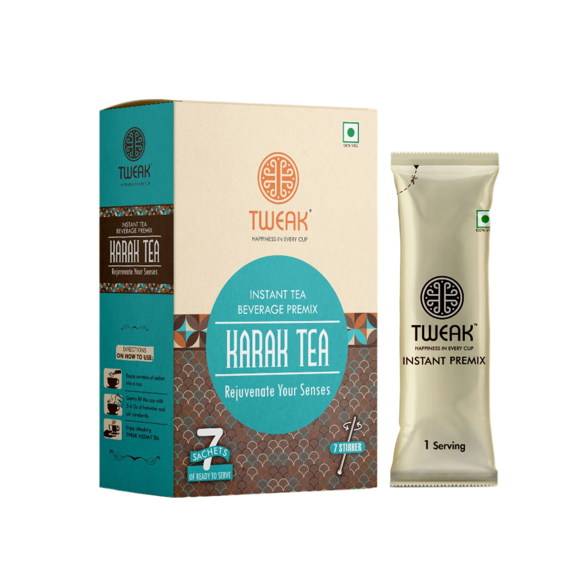 Packaging of Tweak Karak Tea with one sachet displayed in front. The box is predominantly white and blue with text and branding, while the sachet is silver with black and red text.