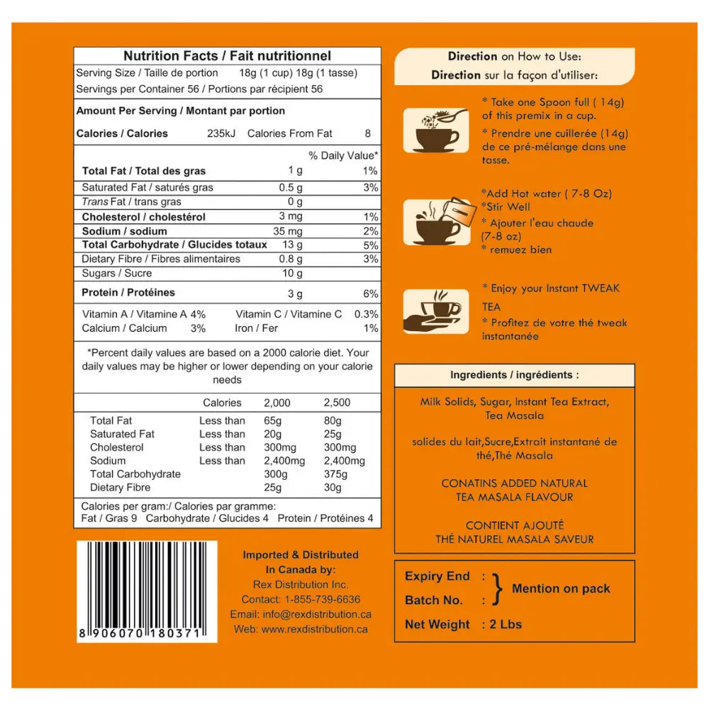 Tweak Masala Chai Instant Tea Premix Direction to use and nutritional table with ingredients. labelling