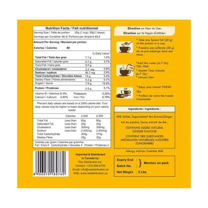 nutritional table facts by chai hai for ginger tea latte 